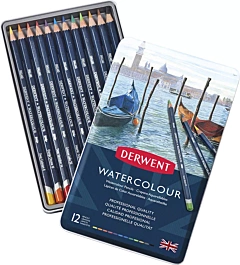 Metal box of 12 Watercolor Derwent watercolor pencils