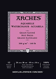 Bloc Acuarela encolado a 1 lado Grano Satinado 300g/m² Arches 26x36cm