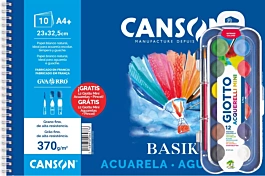 Bloc Acuarela Témpera Basik Espiral Liso Canson A4+ 370g/m² + Kit Acuarelas Giotto