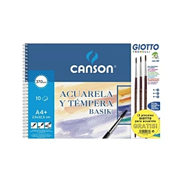 Bloc Acuarela Témpera Basik Espiral Liso Canson A4+ 370g/m² + 3 Pinceles