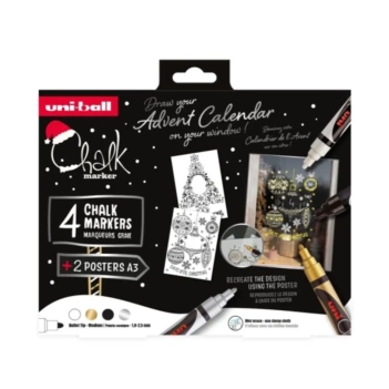 Set 4 rotuladores Chalk Christmas Scandinavian Colours y 2 pósters A3 Advent Calendar Uni-Ball