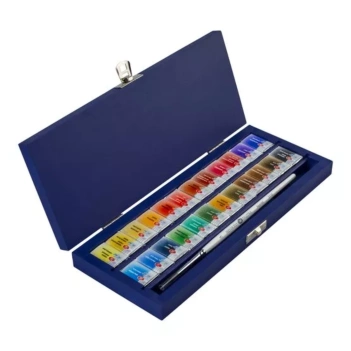 Caja azul de madera de 24 godets acuarelas White Nights