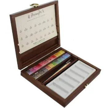 Caja de madera 24 medios godets acuarela extrafina y accesorios Sennelier
