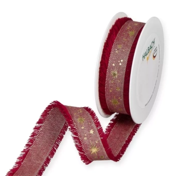 Linen Ribbon Gold Star Printed Bordeaux Halbach 25mm