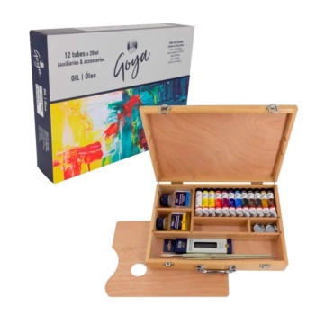 Maletín madera 12 tubos óleo y accesorios Goya 20ml