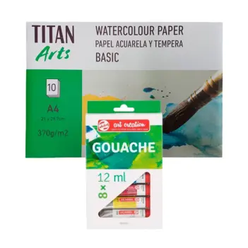Set 8 tubos gouache y bloc acuarela gratis Titan Arts