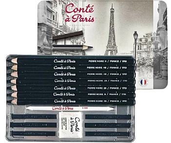 Caja metálica 15 piezas dibujo Pierre Noire Conté à Paris