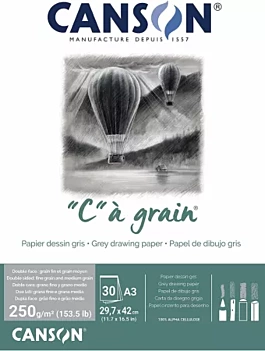 Canson A3 250g/m² Fijnkorrelig Grijs Gekleurd Tekenblok "C" à Grain Gelijmd 1 zijde Fijnkorrelig Grijs