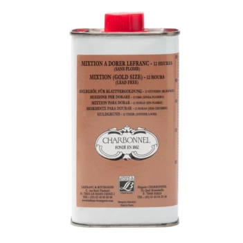 La Mezcla para dorar 12 horas de Lefranc es un fijador a base de aceite diseñado específicamente para dorar panes de oro y metal. Al igual que el producto anteriormente mencionado, este fijador es fabricado en Francia y es muy utilizado por maestros dorad