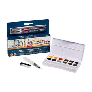 Caja 12 godets con pincel depósito y rotuladores Line & Wash Derwent