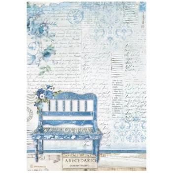 SUPER DEAL **40%** Stamperia Blue Land Rice Paper Bench A4