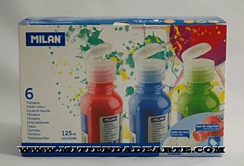 Caja 6 Témperas liquidas Milan 125ml + pincel + pocillos