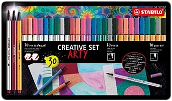 Estuche de Metal Arty 30 Rotuladores Pen 68, Pen 68 Brush y Point 88 STABILO Creative Set