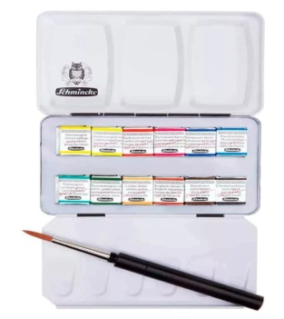 Caja metálica 12 medios godets y pincel Schmincke