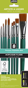 Set de 8 pinceaux polyamide doré pour acrylique Pébéo