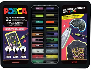 Coffret en métal contenant 20 marqueurs Groovy Colors Uni Posca assortis