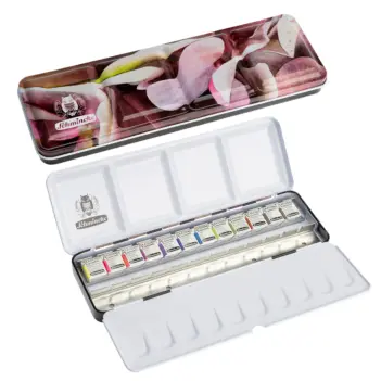 Caja metálica 12 medios godets de acuarela y 12 espacios Hydrangea Akademie Schmincke