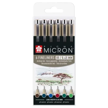 Estuche de 6 puntafinas de colores Pigma Micron 01 0,25 mm.

El estuche de plástico contiene uno de los siguientes rotuladores puntafina Pigma de tinta de color: negro (49), rojo (19), azul (36), verde (29), marrón (12) y violeta (24).

Los rotuladore