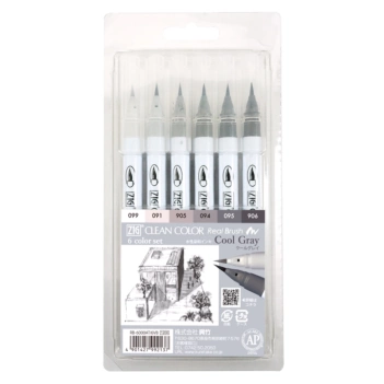 Set of 6 Clean Color Zig cool grey brush-tip markers