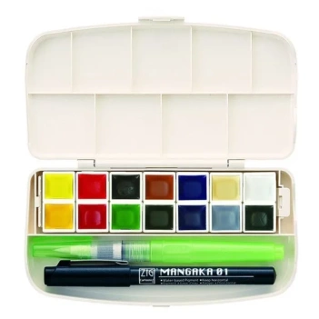 Kuretake Box of 14 watercolours with a brush and a marker pen